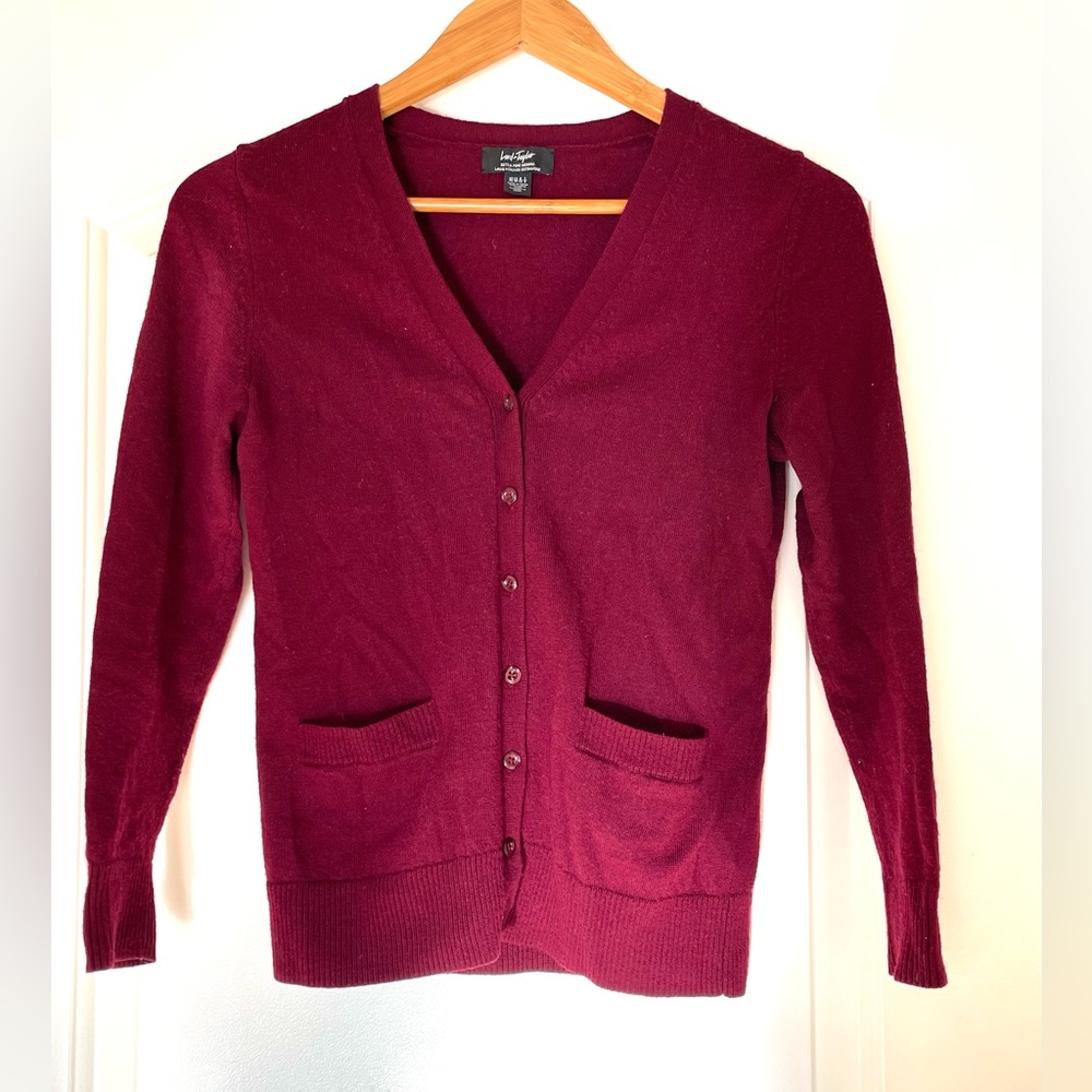 Lord & Taylor Burgundy Cardigan size Extra Small 100% Merino Wool Sweater